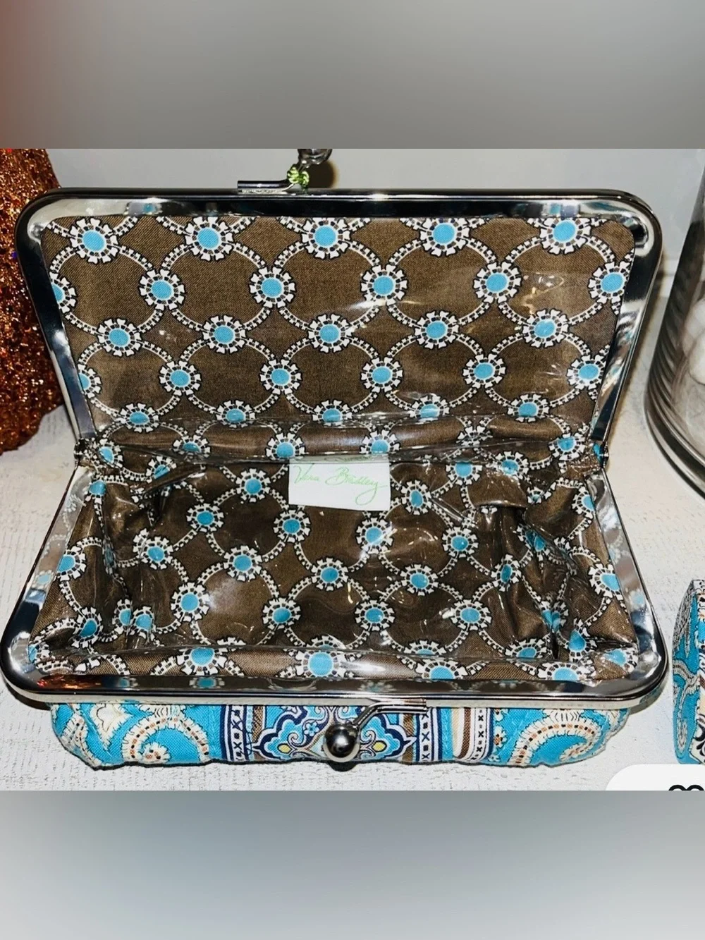 Vera Bradley Kisslock Makeup Pouch in Brown and Turquoise Floral Retired